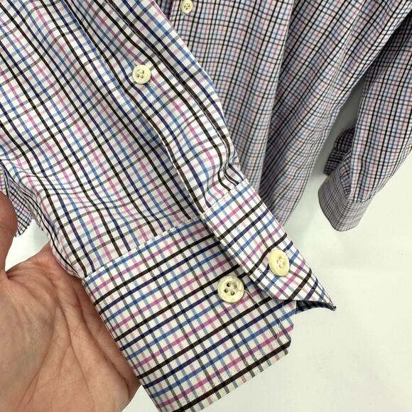 Peter Millar Shirt Mens 16.5 Button Up Long Nanoluxe Plaid Blue Pink White - Picture 5 of 8